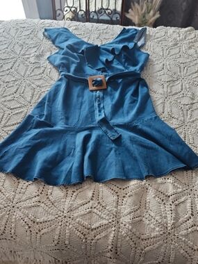 Ashley Stewart Teal Blue Ruffle Belted Dress